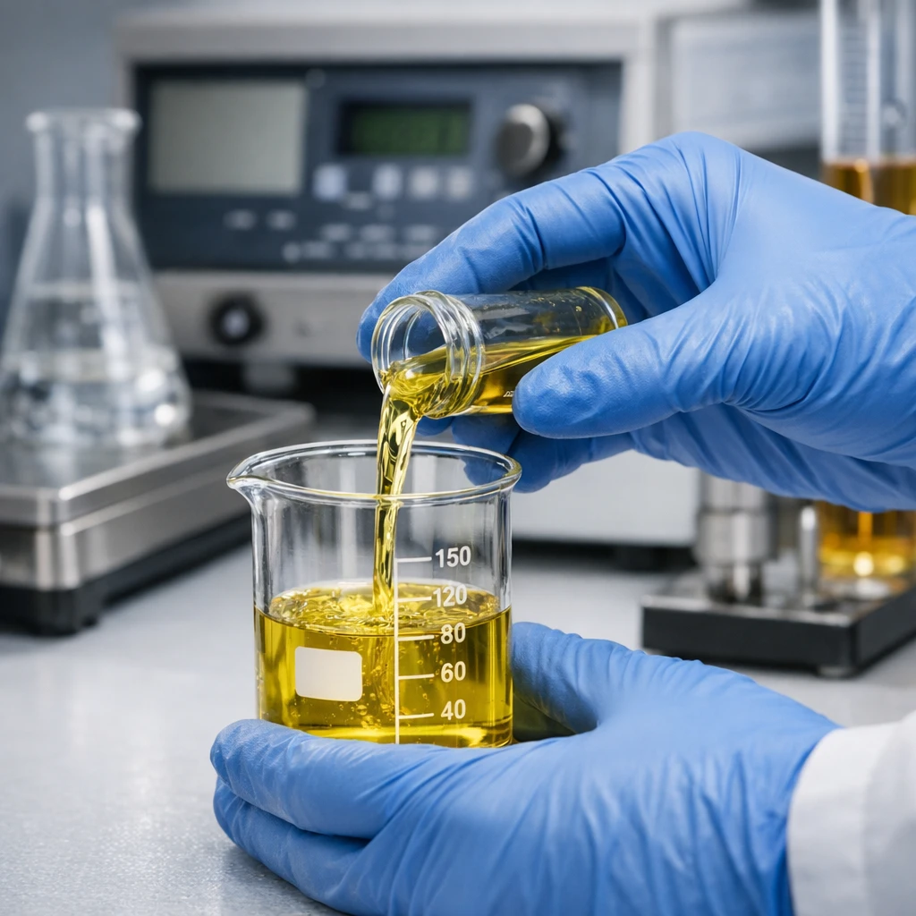 Coleta de amostra de combustível em béquer identificado no laboratório