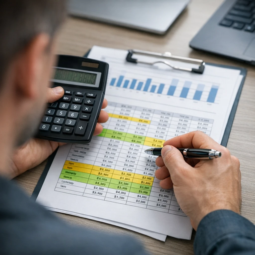 Conferência de relatório financeiro com calculadora e marcações em papel