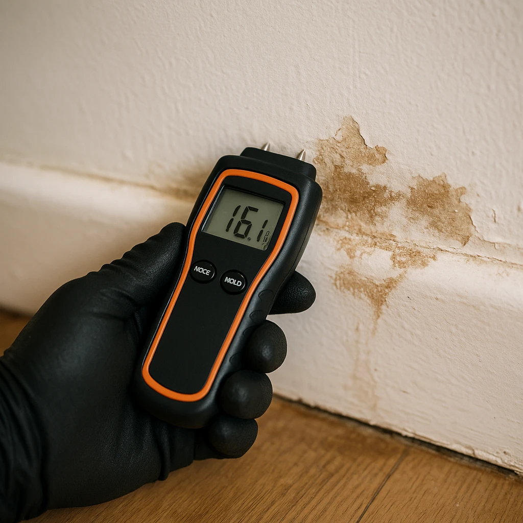 Medição de umidade em rodapé com aparelho durante vistoria