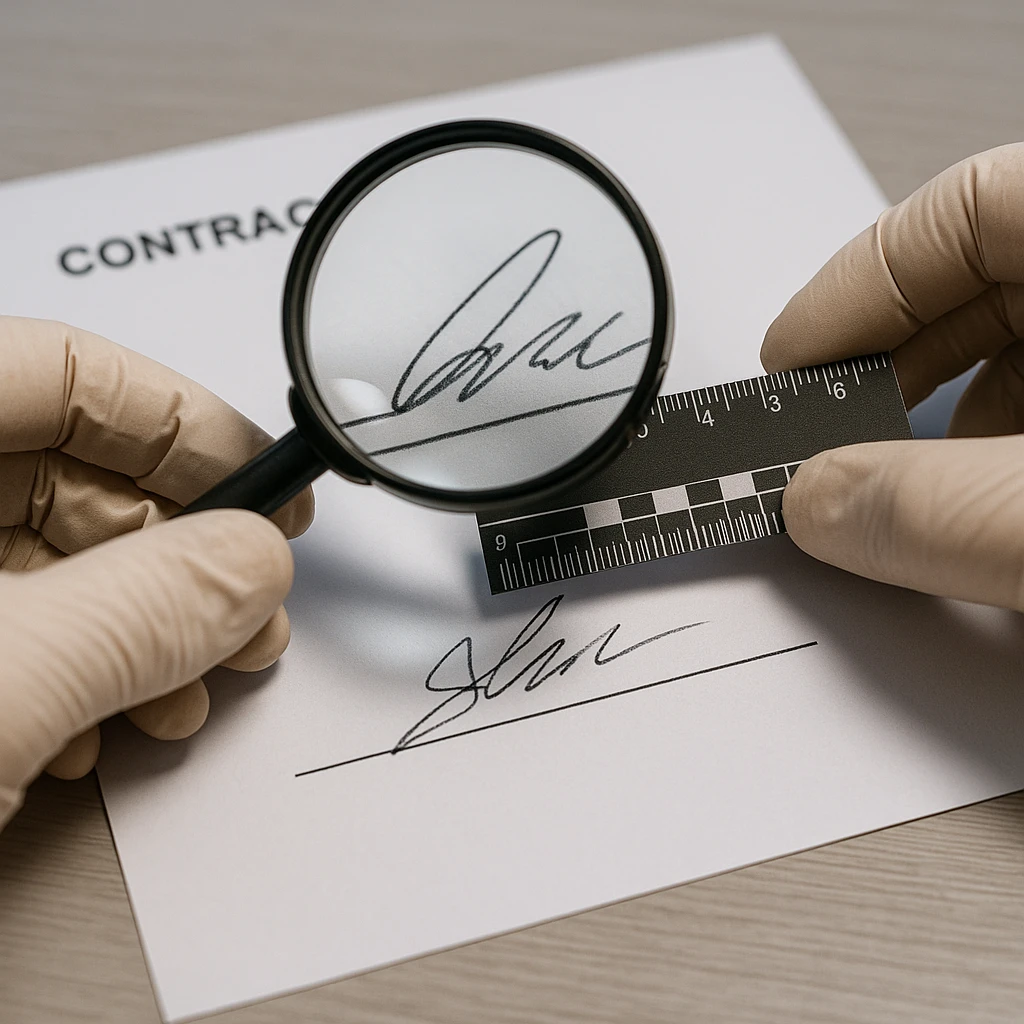 Confronto de traços de assinatura com lupa durante exame grafotécnico