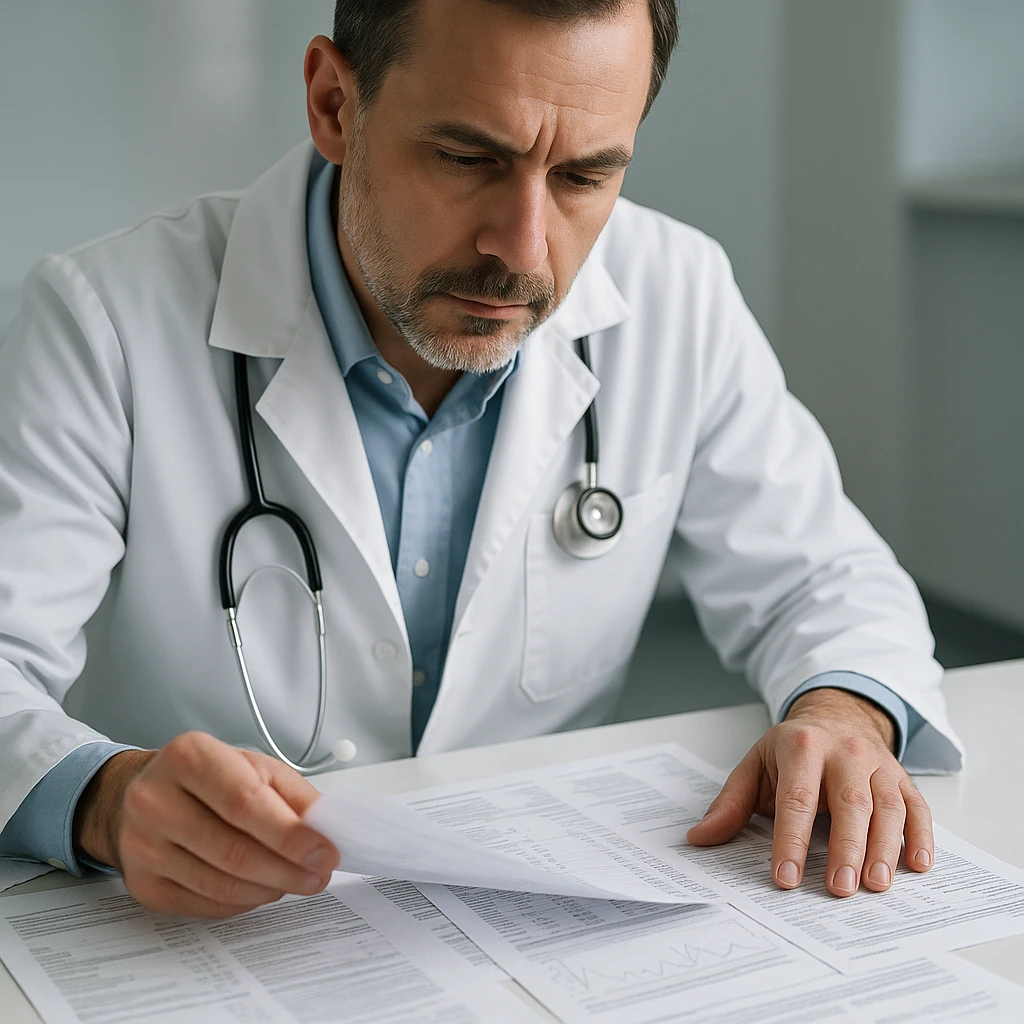 Médico examinando laudos e exames impressos sobre a mesa