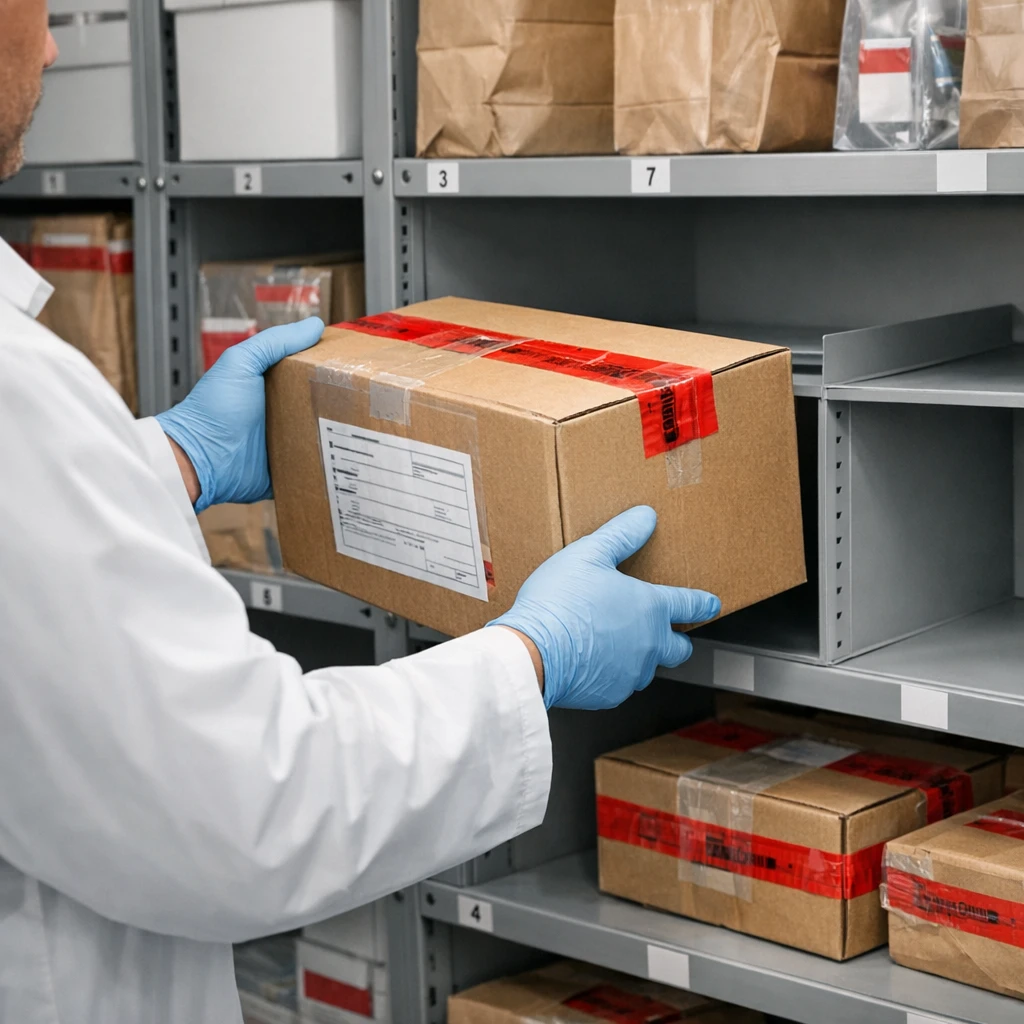 Técnico guardando caixa lacrada em prateleira numerada de sala de custódia