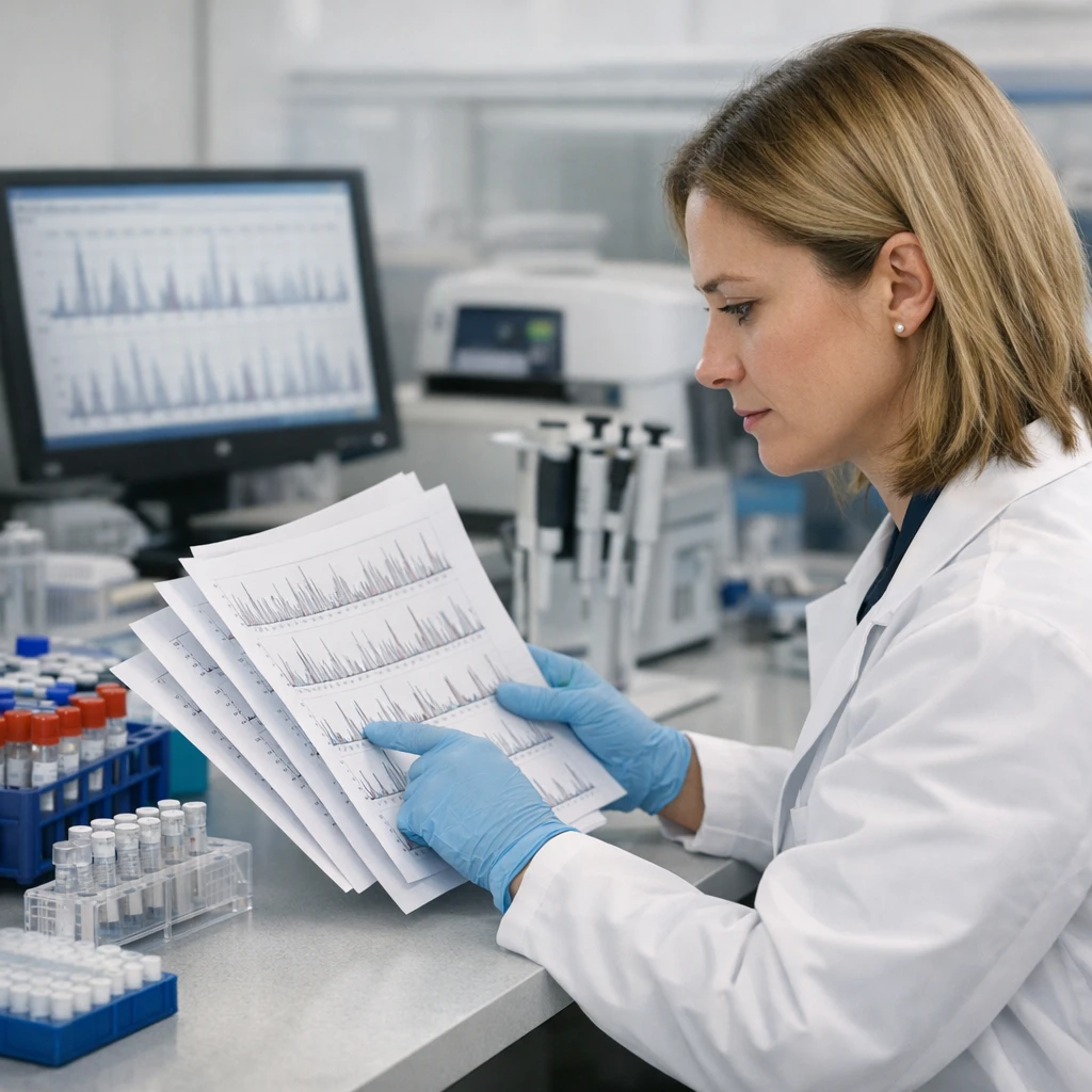 Analista revisando gráficos de eletroforese ao lado de amostras genéticas