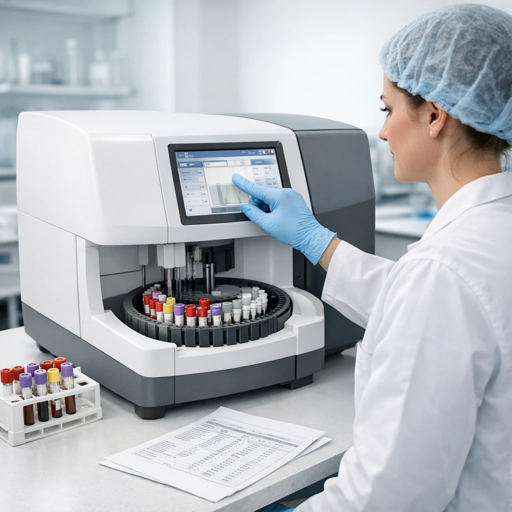 Técnico operando analisador de bancada com amostras no laboratório