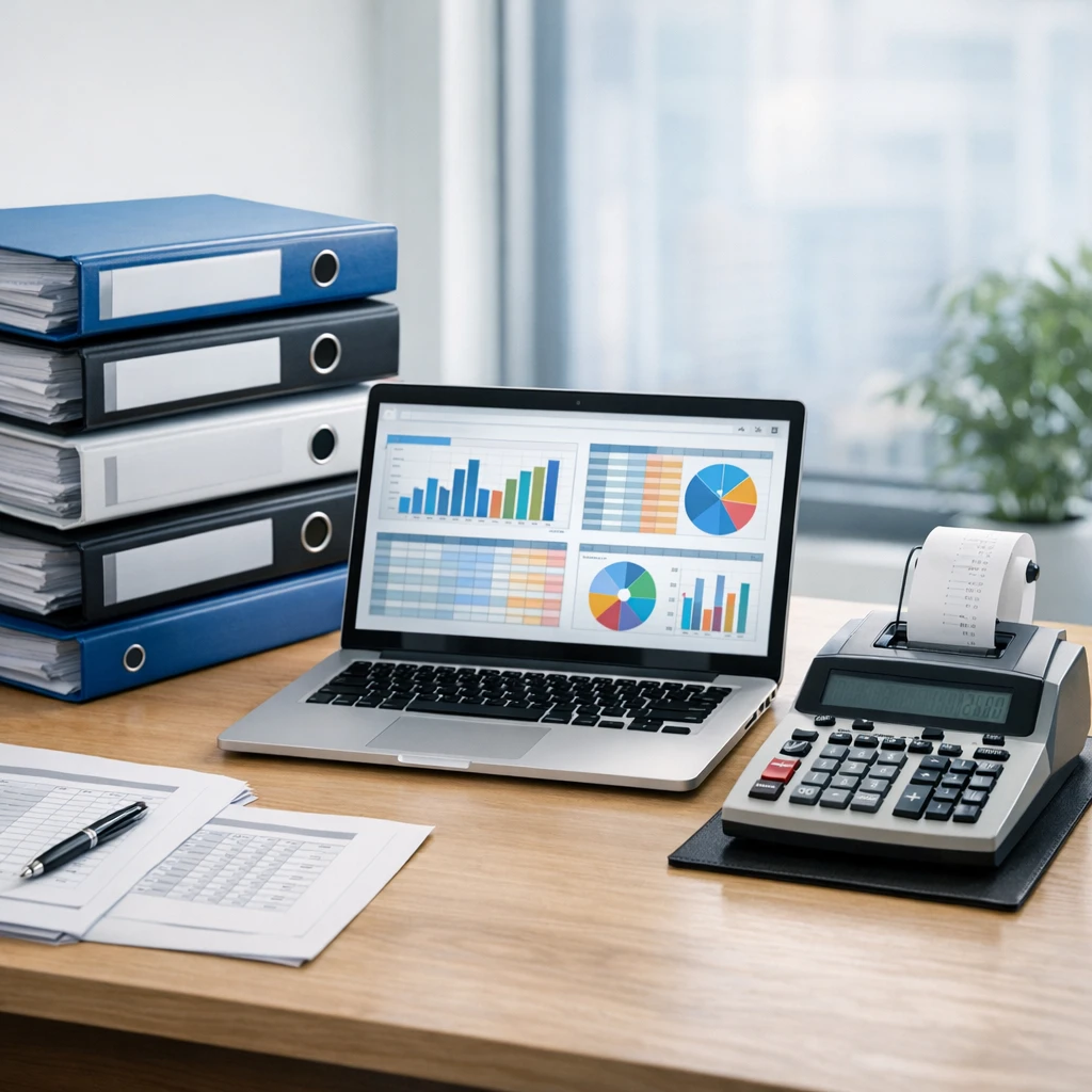 Bancada de auditoria com processos, planilhas em tela e calculadora