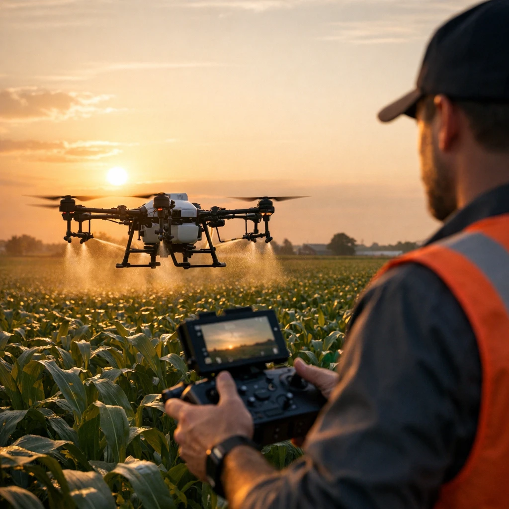 Drone agrícola sobrevoando lavoura durante levantamento técnico