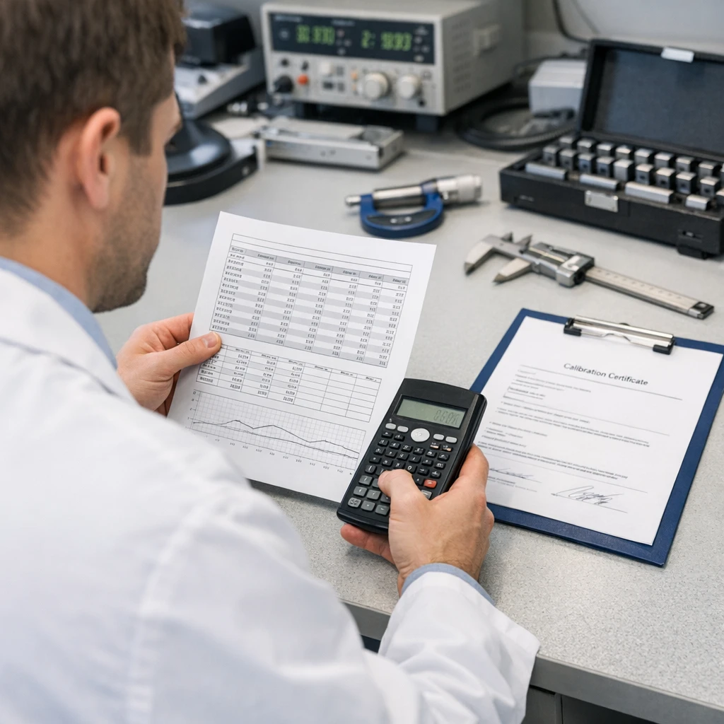 Técnico conferindo registros de medição e certificado de calibração